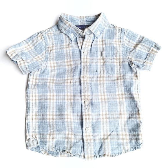 Janie & Jack 3T Pastel Plaid Linen Button Up Shirt Blue Beige - Picture 1 of 5